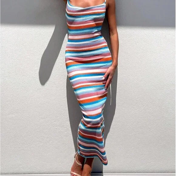 Women's Crochet Maxi Dress Polyester Small Open Back Sleeveless Vacation - Picture 3 of 6